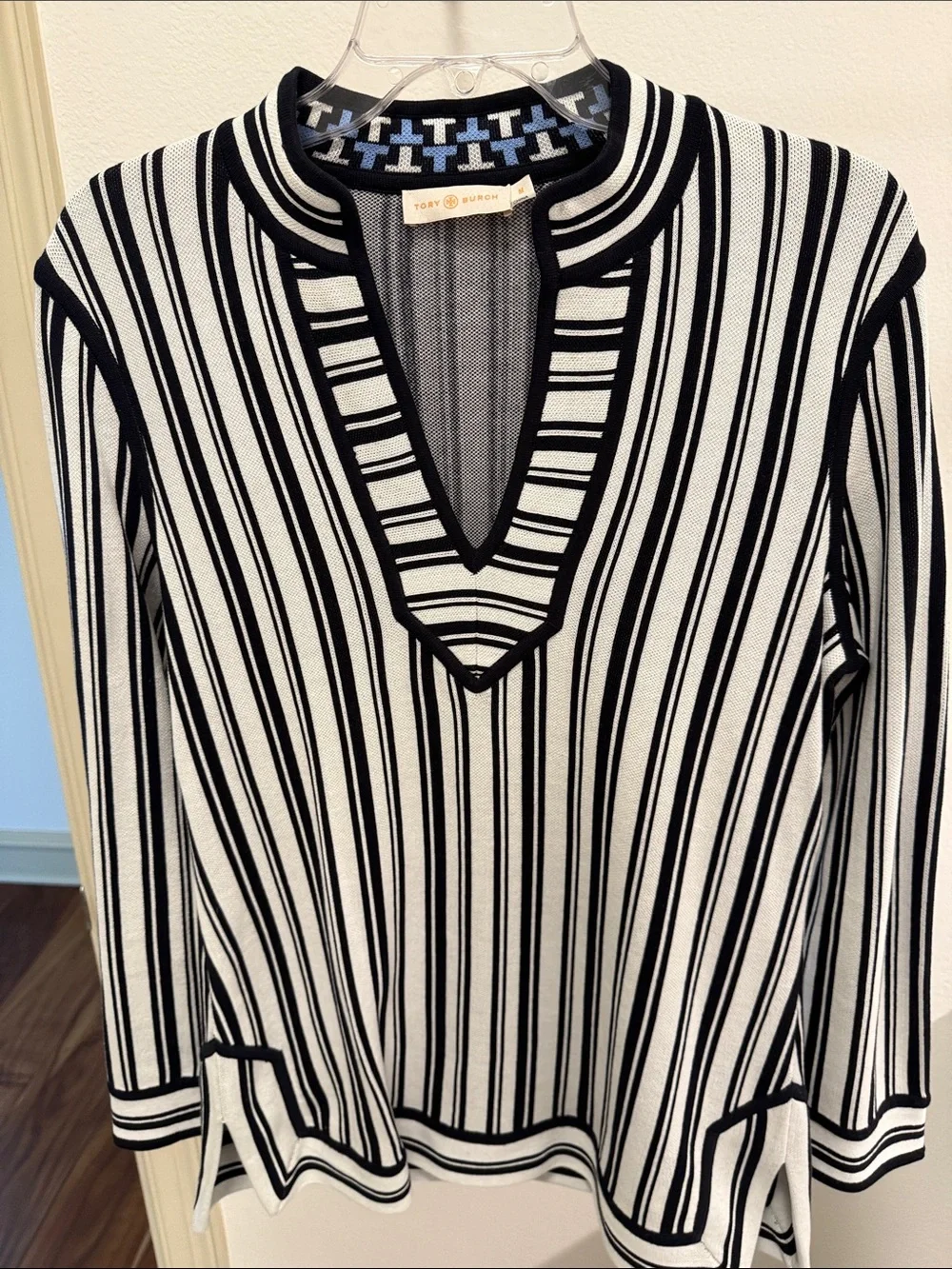 Tory Burch Black and White Vertical Stripe V-Notch Knit Tunic